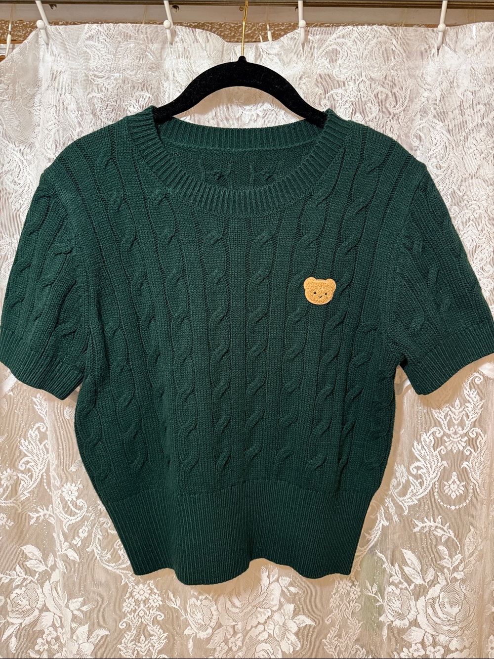 Dark Green Cable-Knit Short Sleeve Sweater with Teddy Patch